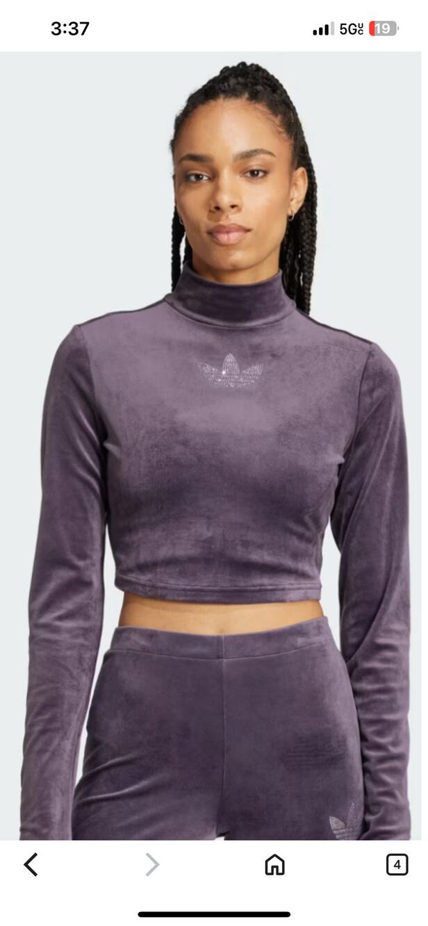 Adidas Originals Velour Crop Top L Purple Mock Neck Y2K Athleisure Luxe Like New